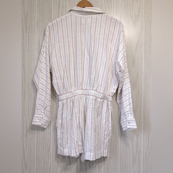 EVERY Button Long Sleeve White & Beige Stripe Romper Collar Waist Tie Size S - Picture 3 of 3